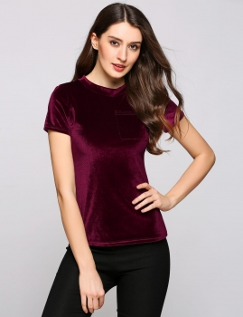 

Solid Velvet Short Sleeve Crew Neck T-Shirt with Pocket, Multicolor