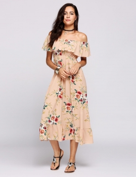 

Apricot Off Shoulder Floral Print Ruffled Maxi Dress, Multicolor