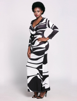 

Black Long Sleeve Plunge Collar Front Cross Maxi Print Casual Dress, Multicolor