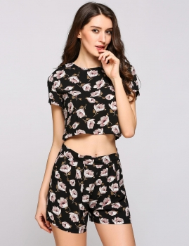 

Floral Short Sleeve Crop Top and High Waist Short Suit, Multicolor