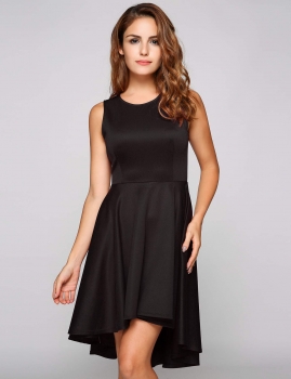 

Black Sleeveless Round Collar High Low Hem Swing Dress, Multicolor
