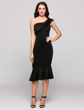 

Black One Shoulder Ruffles Sexy Mermaid Pencil Fishtail Dress, Multicolor