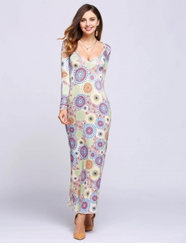 

Plunge Collar Print Split Hem Maxi Bodycon Dress, Multicolor