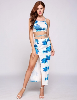 

Printed Cross Bandage Top and Side Split Skirt 2 Piece Set, Multicolor