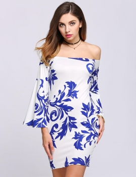 

Blue Bell Sleeve Off The Shoulder Print Pencil Dress, Multicolor