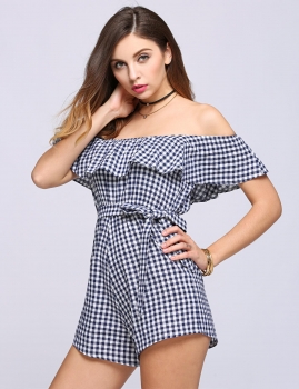 

Blue Plaid Off the Shoulder Ruffles Sleeveless Rompers, Multicolor