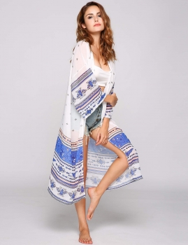 

White Long Sleeve Print Long Chiffon Loose Kimono Cover-Up