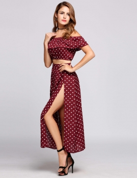 

Off the Shoulder Polka Dot Ruffle Bandeau and Split Skirt Set, Multicolor