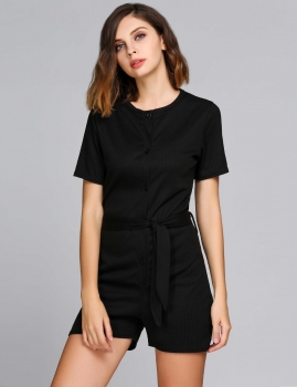 

Black Short Sleeves O-Neck Button Solid Rompers, Multicolor