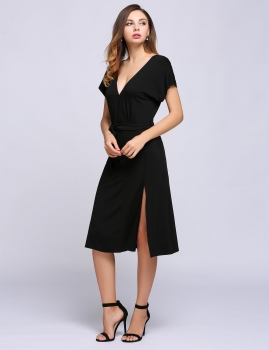

Black Plunge Collar Belted Split Hem Solid Dress, Multicolor