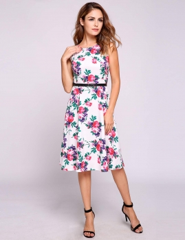 

White Sleeveless Vintage Styles Floral Belted Dress, Multicolor