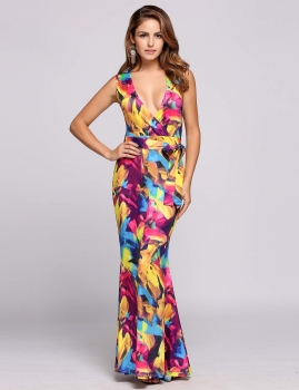

Purple Plunge Collar Print Belted Pencil Mermaid Fishtail Dress, Multicolor
