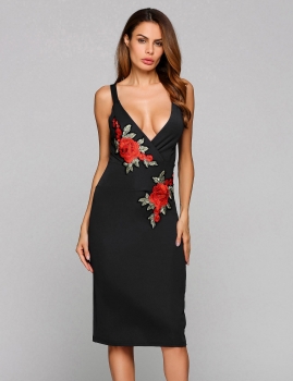 

Black Plunge Collar Applique Back Cross Pencil Dress, Multicolor