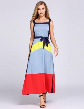 

Spaghetti Strap Belted Patchwork Split Maxi Dress, Multicolor