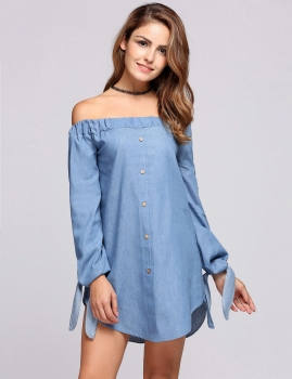 

Off The Shoulder Jean Buttons Circular Arc Hem Dress, Multicolor
