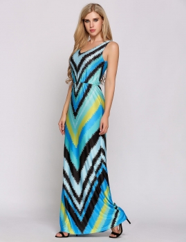 

Pattern Sleeveless V Neck Maxi Wave Stripes Dress, Multicolor