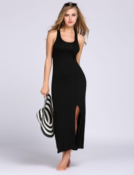 

Sleeveless U Collar Split Hem Backless Maxi Tank Dress, Multicolor
