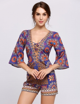 

V-Neck Bell Sleeves Printed Fitness Lace-Up Romper, Multicolor