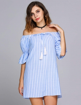 

Bell Sleeve Off The Shoulder Stripes Bow Dress, Multicolor