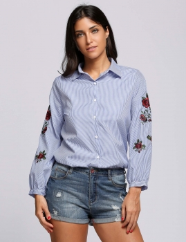 

Blue Floral Embroidery Collared Long Sleeve Buttoned Work Shirt, Multicolor