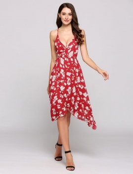

Spaghetti Strap Floral Back Cross Asymmetrical Dress, Multicolor