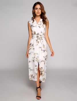 

V Neck Sleeveless Split Hem Belted Maxi Dress, Multicolor