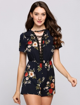 

Lace-Up Floral V-Neck Short Sleeves Rompers, Multicolor