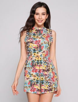 

Floral Sleeveless O-Neck Fitness Casual Rompers, Multicolor