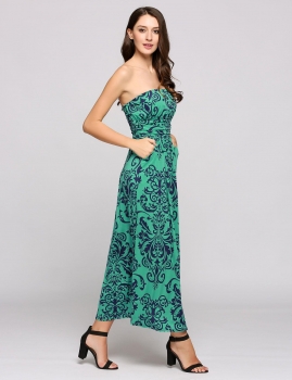 

Green Bandeau Sleeveless Ruched Maxi Print Dress, Multicolor