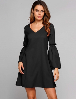 

Black Bell Sleeve V Collar Casual Solid A-Line Dress, Multicolor