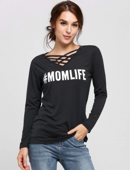 

Black Front V-Neck Letter Print Criss Cross Long Sleeve, Multicolor