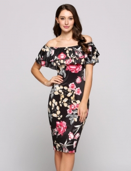 

Off The Shoulder Ruffles Floral Pencil Dress, Multicolor