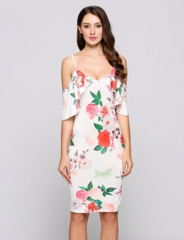 

White Spaghetti Strap Ruffles Floral Pencil Dress, Multicolor