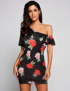 

One Shoulder Ruffles Floral Slim Pencil Dress, Multicolor