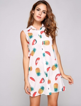 

Sleeveless Turn-down Collar Print Shirt Dress, Multicolor