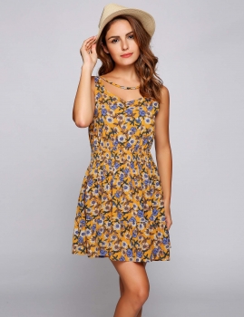 

Yellow Sleeveless Pentagon Collar Floral Elastic Waist Dress, Multicolor