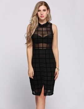 

Black Stand Collar Sleeveless Checks Pencil Dress, Multicolor