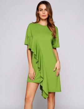 

Green Short Sleeve Ruffles Trim Asymmetrical Dress, Multicolor