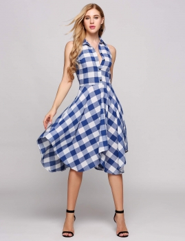 

Turn-down Collar Sleeveless Checks Asymmetrical Hem Dress, Multicolor