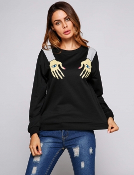 

Eyed Hands Printed Round Neck Long Sleeve Pullover Top, Black