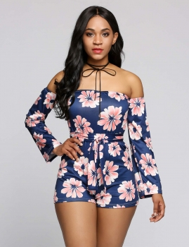 

Dark blue Off the Shoulder Elastic Waist Rompers with Belt, Multicolor