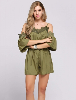 

Army green Spaghetti Strap Half Sleeve Lace High Waist Rompers, Multicolor