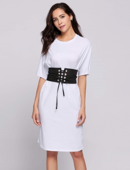 

Short Sleeve Round Collar Solid Belted Tee Dress, Multicolor