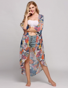 

Mono Style 3"4 Sleeves Asymmetric Hem Floral Printed Chiffon Kimono, Multicolor