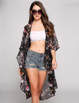 

Black Asymmetric Hem 3"4 Sleeves Floral Printed Chiffon Kimono, Multicolor
