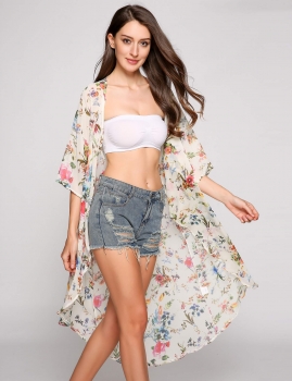 

White Floral Printed Chiffon 3"4 Sleeves Asymmetric Hem Kimono