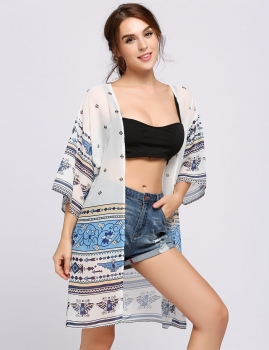 

White Printed Open Front Beach Chiffon Kimono, Multicolor