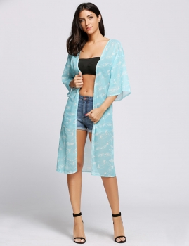 

3"4 Sleeves Printed Long Loose Beach Cover-Ups Kimono, Multicolor