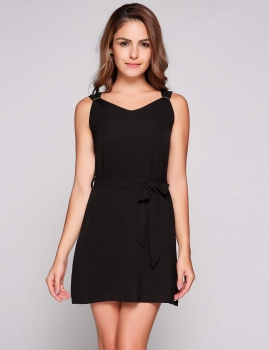 

Black Chiffon V Neck Solid Belted Shift Short Dress, Multicolor
