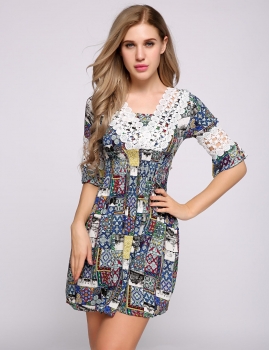 

Half Sleeve Crochet Trim Patchwork Print Skater Dress, Blue
